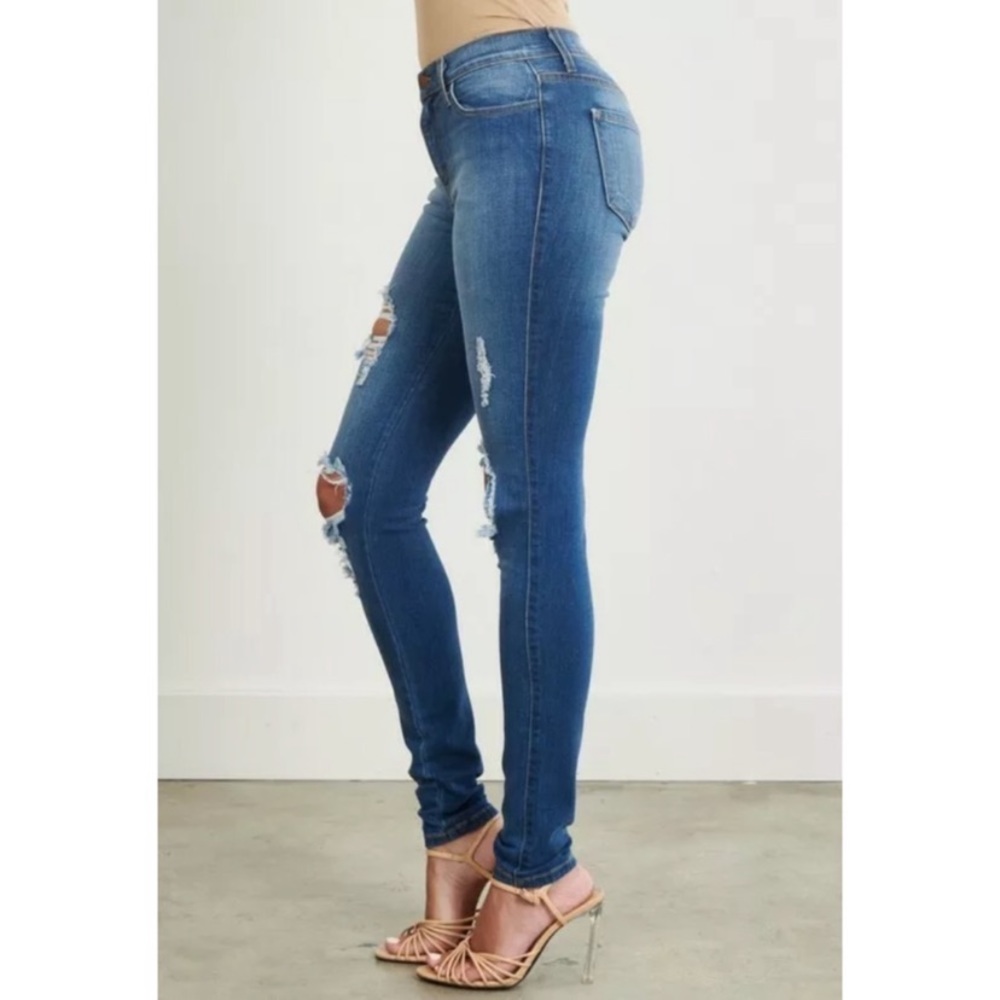 CLEARANCE Destroyed Ripped Mid Rise Stretch Skinny Jeans - Picture 7 of 8